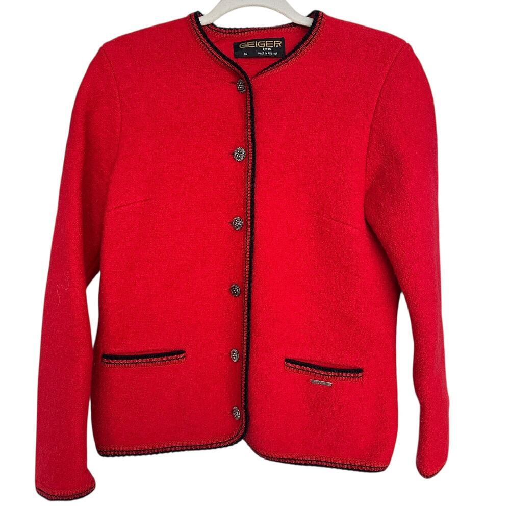 Geiger Austria Vintage Women's Red Boiled Wool Sweater Jacket, Size EU 40, US 10